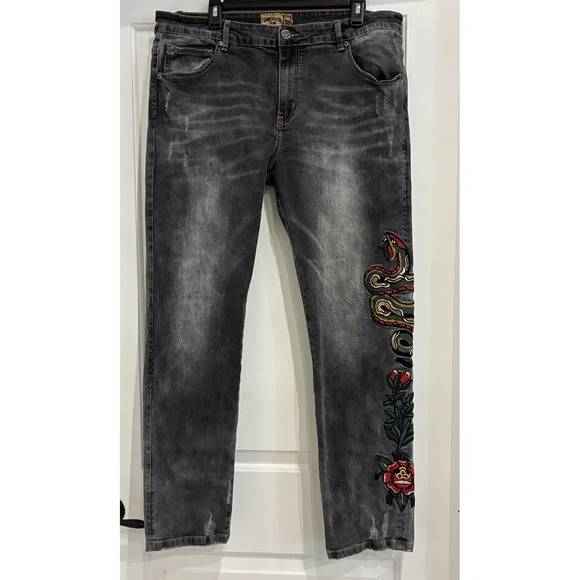 Denim 24/7 Other - Grindhouse Black Jeans Size 38x31 Y2K Embroidered Roses Snake Grunge  Streetwear